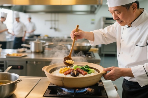 一个厨师在做煲仔饭