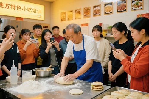 学员在培训机构学习制作肉夹馍的情景