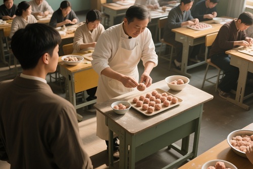 一位潜在学员在观察客家肉丸授课老师