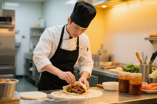 学员正在制作的卤肉卷