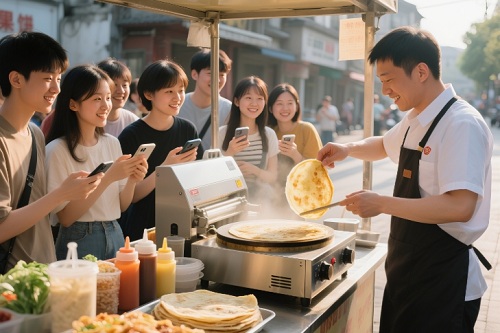 学员卖煎饼果子很多人来买