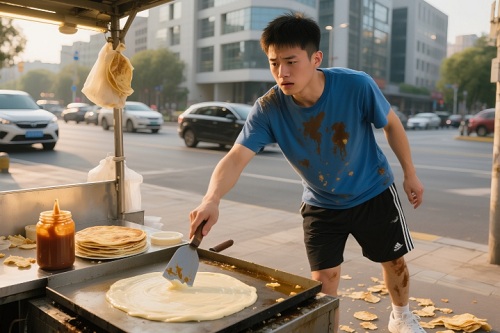 煎饼摊前因手法生疏而状况不断的场景