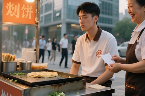 煎饼摊前保洁阿姨递来纸条