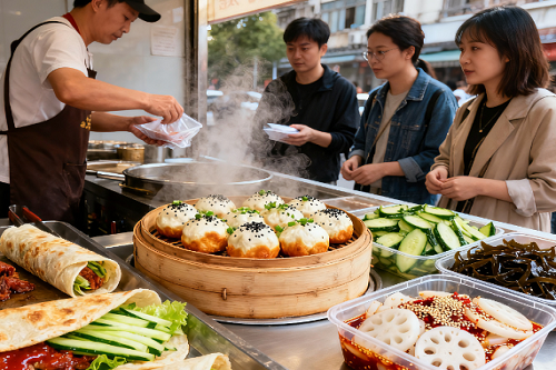 摆摊卖卤肉卷、拇指生煎包、凉拌菜