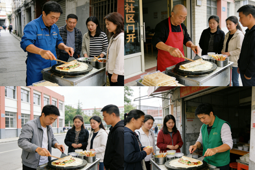 多个煎饼果子摊位同质化场景
