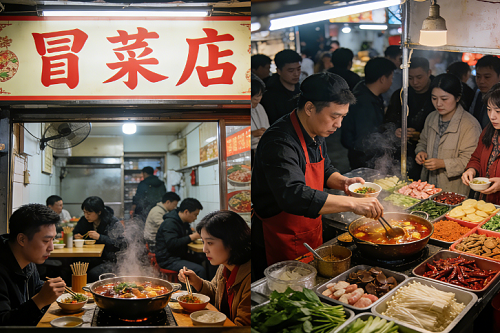 开冒菜店和摆摊生意火爆的场景