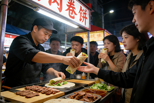 摆摊卖卤肉卷生意特别好