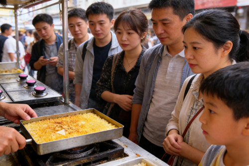 摆摊卖锅巴饭的场景